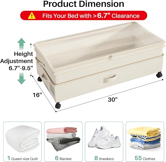 Kitstorack 4 Pack Height-adjustable Under Bed Storage with Wheels, Under Bed Storage Containers,Under Bed Shoe Storage Organizer with Clear Window&Label, Suitable for Clothes Storage, Beige - Image 2
