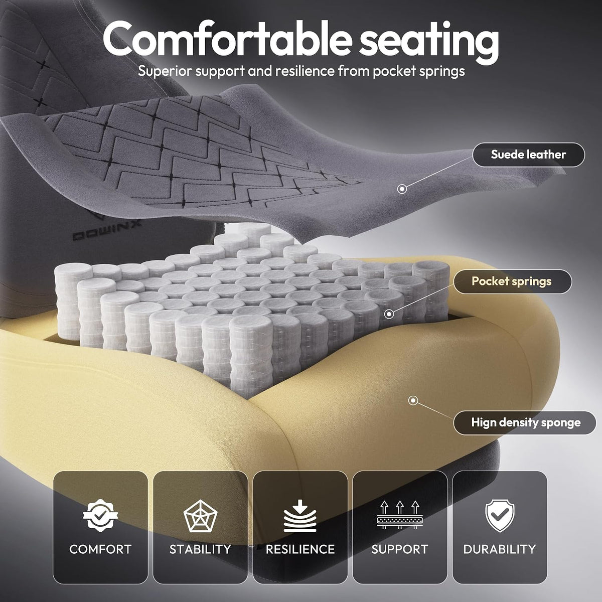 Dowinx Gaming Chair with Heated Massage Lumbar Support,Big and Tall Fabric Gaming Chairs for Adults with Footrest, Ergonomic Computer Game Chair with Poket Spring Cushions, 350lbs, Gray - Image 5