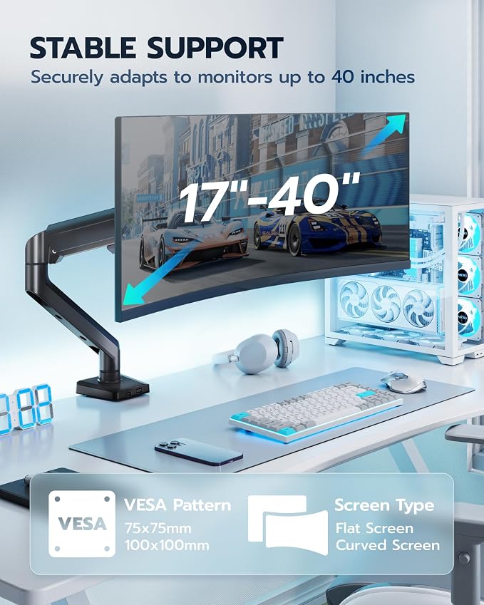 ARES WING 17-40 Inch Heavy Duty Monitor Arm, Black | Fully Adjustable Monitor Mount for Ultrawide Screens up to 26.4 lbs with Clamp/Grommet Desk Mount, 75/100 Vesa Mount - Image 5