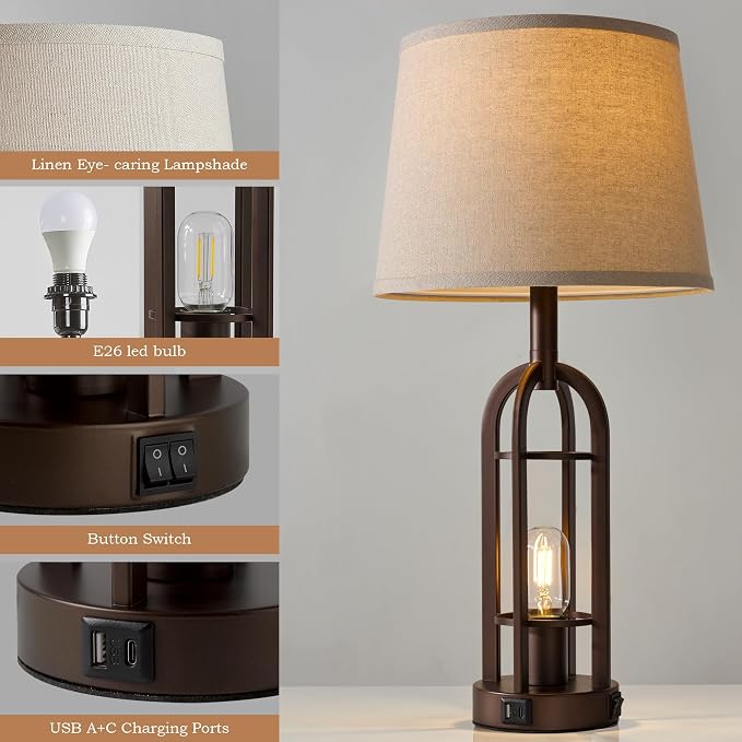 SRJJA Table Lamps for Living Room End Table Set of 2 - Farmhouse Industrial Bedside Lamps for Bedroom Nightstand with Nightlight and USB A+C, 4 Bulbs Included - Image 5