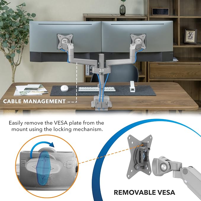 Mount-It! Dual Monitor Mount - Monitor Stands for 2 Monitors, Computer Arms on Desk Stand, Gas Spring Height Adjustable Desk Mount in Silver, VESA 75, 100 Fits Screens Up to 32", Silver Color - Image 5