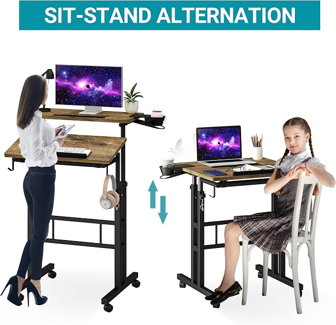 Klvied Small Standing Desk with Cup Holder, Height Adjustable Mobile Laptop Stand on Wheels, Ergonomic Rolling Computer Workstation for Home Office, Portable Overbed Table for Couch & Bed, Oak - Image 6