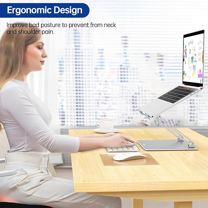 BESIGN LS10 Laptop Stand for Desk, Ergonomic Adjustable Notebook Tablet Stand, Foldable Laptop Riser, Portable Desktop Book Stands, Computer Holder Compatible with 10-14" Laptops, Silver - Image 2
