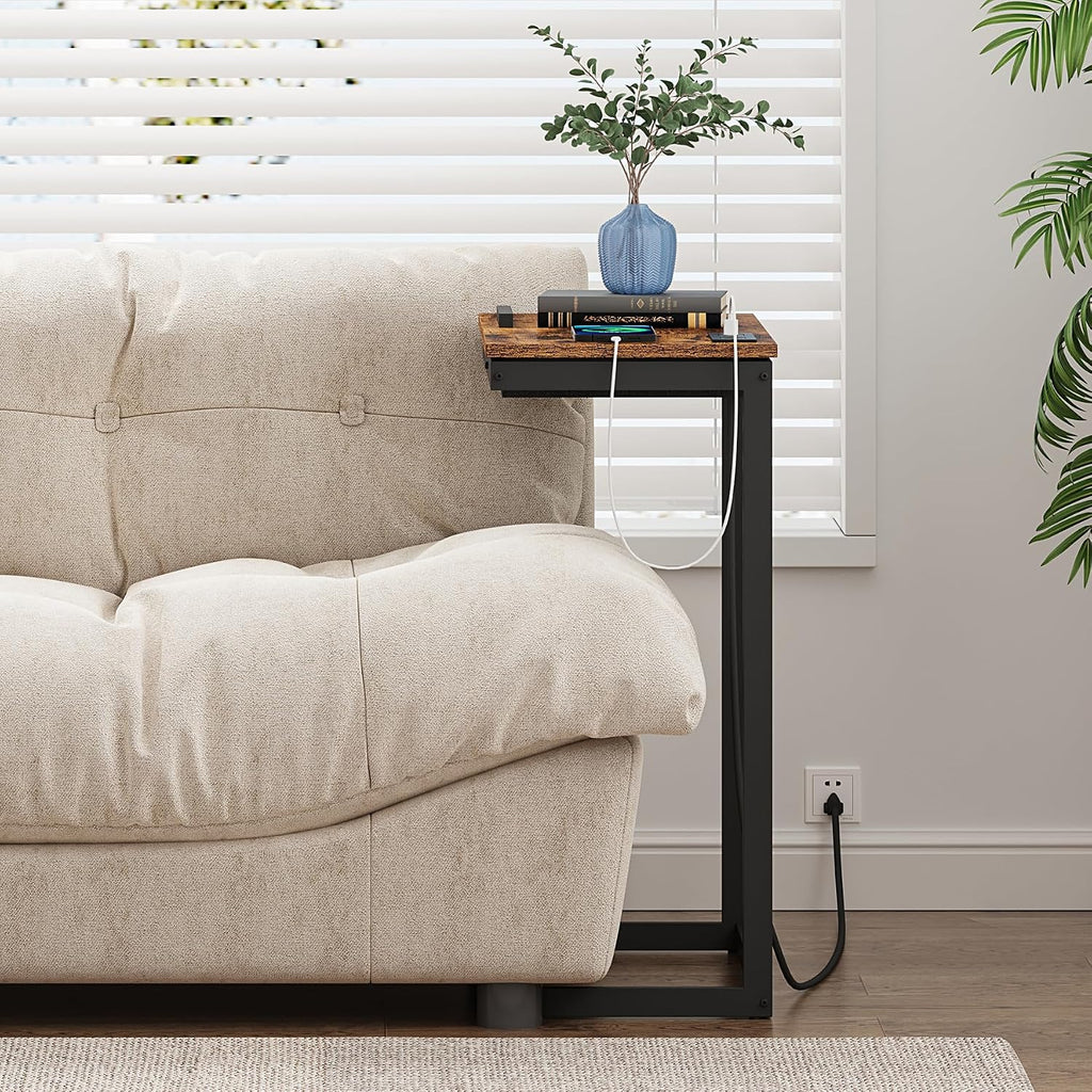 TUTOTAK Large C Shaped End Table, Side Table with Charging Station C Table - Image 7