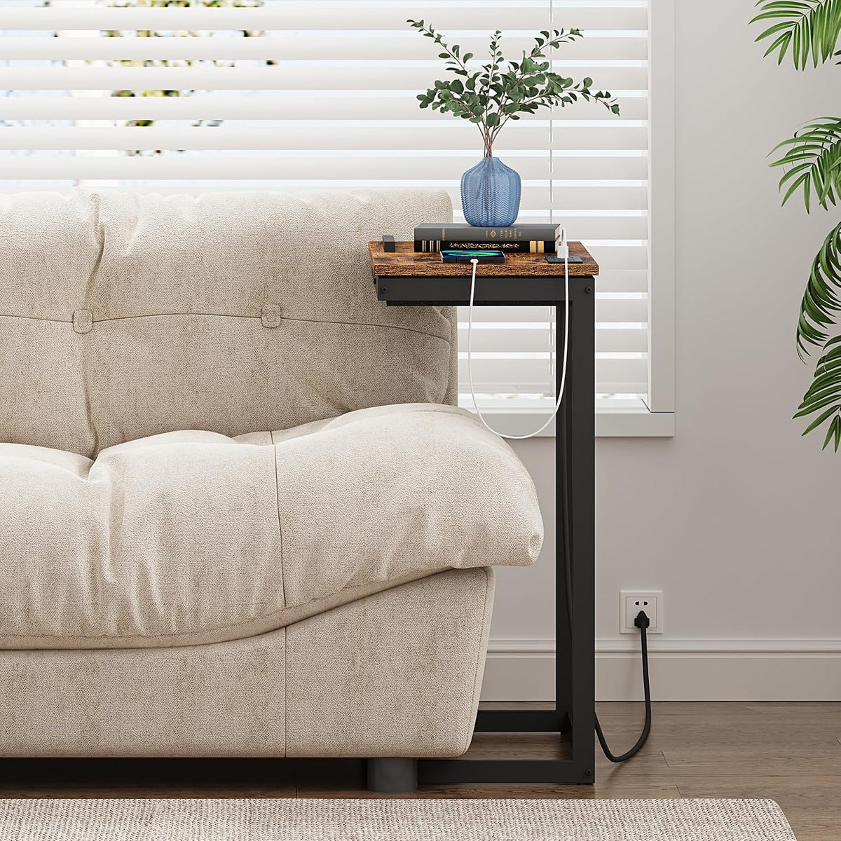 TUTOTAK Large C Shaped End Table, Side Table with Charging Station C Table - Image 7