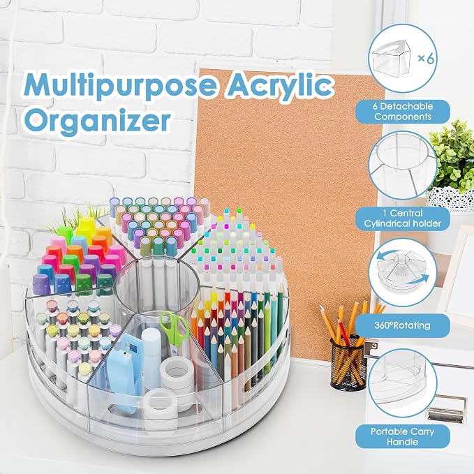 CraftGenes 2 Packs Rotating Clear Acrylic Pen Holder, Marker Organizer | Pen organizer for desk and art supply organizer with 7 removable sections for markers, pencils, brushes, and office supplies. - Image 7