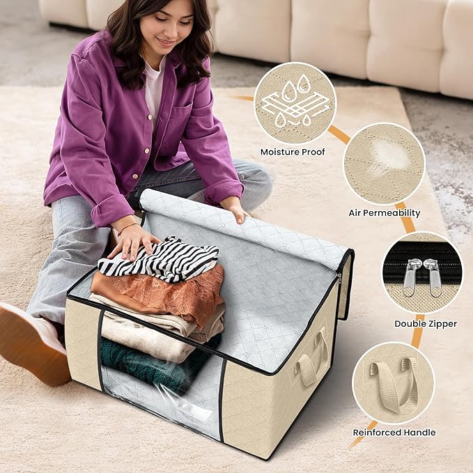 Fab totes 8 Pack Storage Bags for Clothes Blanket Storage Bins with Lids | Foldable Closet Organizers with Zippers,Window and Handles,Fabric Storage Bins for Sweater,Comforter,Bedding,Dorm essentials - Image 4
