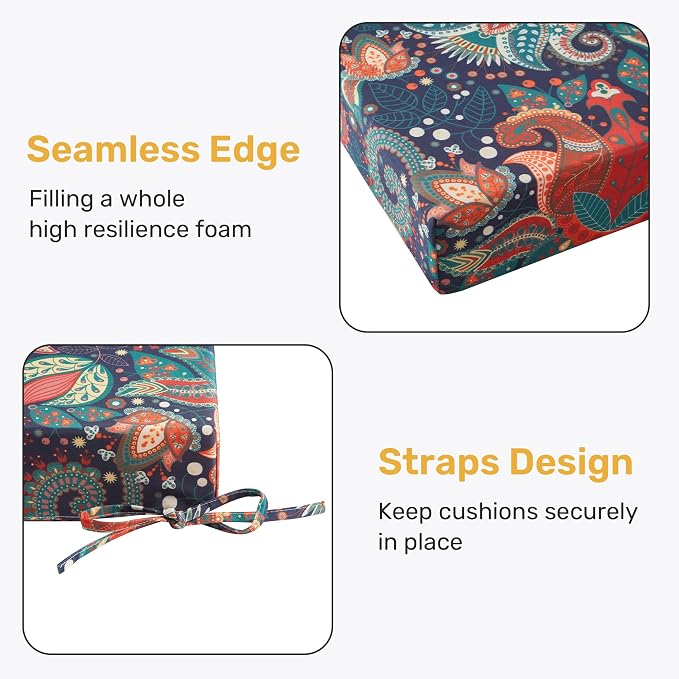 UNIKOME Outdoor Chair Cushions Pack of 4, Water Resistant Patio Cushions with Ties, High Density Sponge Filling Square Corner Seat Cushions for Outdoor Furniture, 18.5"*16"*3", Boho - Image 4
