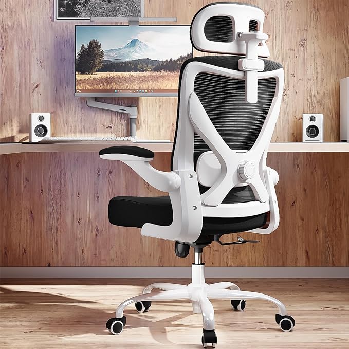 Ergonomic Office Chair: Mesh Desk Chair Comfy with Headrest& Lumbar Support | Ergalithic Big and Tall Office Chairs with Wheels & Flip-Up Arms-Computer Gaming Chairs for Adults Home Office (White Black) by Ergalithic