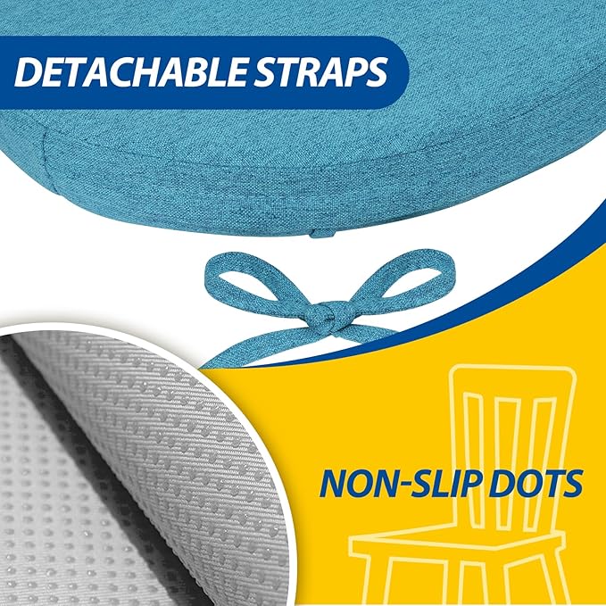 AAAAAcessories D-Shaped Chair Cushions, 2" Thick Dining Chair Pads with Ties and Removable, Machine-Washable Cover, 17" x 16", Set of 4, Teal - Image 5