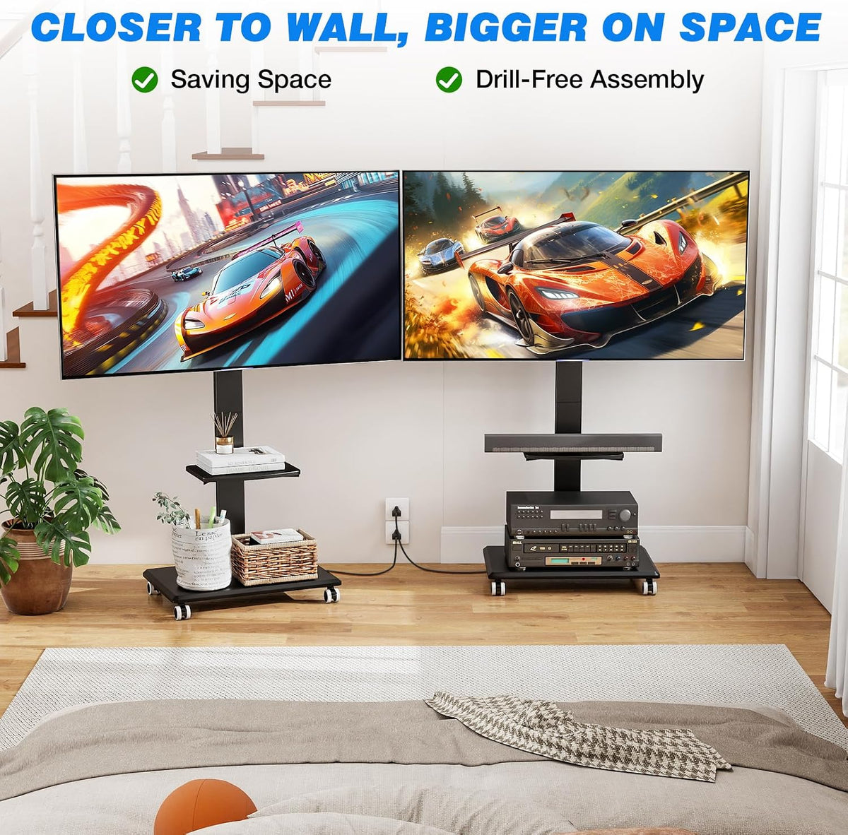 Rfiver Rolling TV Stand 32-75 Inch with Power Outlet and Shelf, Black - Image 9