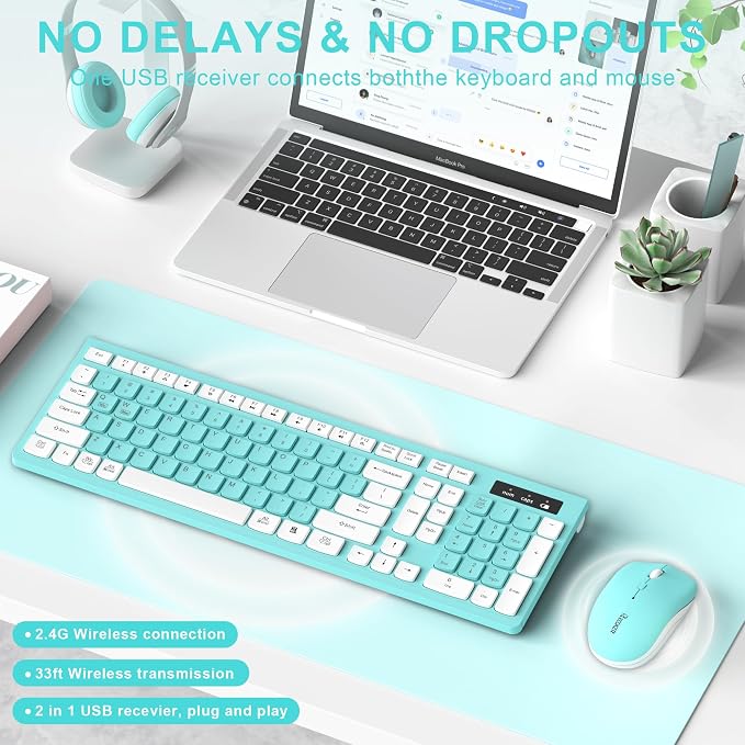 Wireless Keyboard and Mouse Combo Silent for Office and Home(Turquoise) | 2.4G Full Size Silent Cordless Keyboard with Tilt Legs,3-Level DPI Quiet Mouse,for Windows/Mac OS/Desktop/Laptop/PC - Image 2