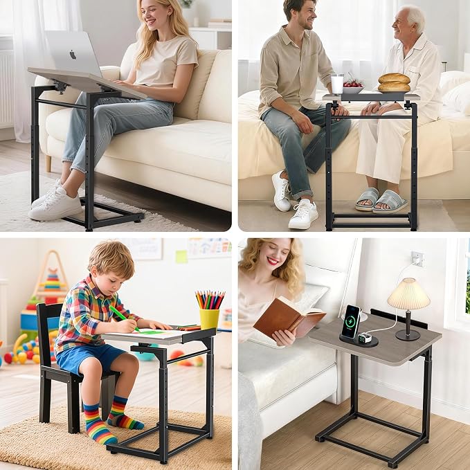 Tv Tray Table, 8-Level Adjustable Height Couch Side Table，90° Tilt Angle Adjustments C-Shaped End Table, with Phone & Tablet Slot Computer Desk for Sofa, Bed, Chair, Living Room（Lvory Gray） - Image 6