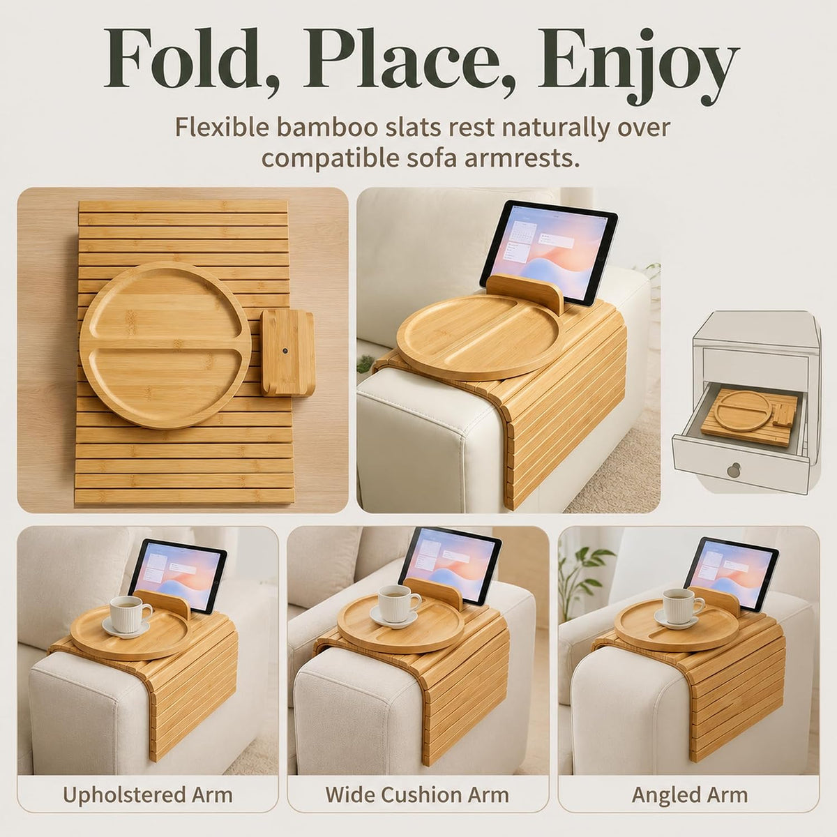Couch Arm Tray, Bamboo Sofa Arm Tray,Foldable with 360° Rotating Phone Holder - Image 7
