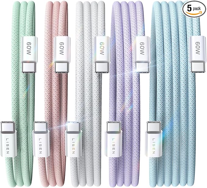 LISEN USB C Cable, 5-Pack [3.3/3.3/6.6/6.6/10FT] USBC to USBC Cable for iPhone 16e 15 Pro Max Charger Cord, 60W (3.1A) C to C Cable Fast Charging for Samsung S25/S24/23, Switch 2, iPad, MacBook by Lisen