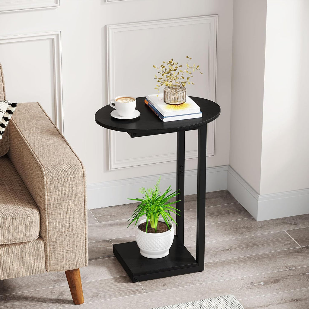 Small Side Table End Table, C-Shaped Wood Coffee Table TV Tray for Eating Couch Tables for Small Space, Living Room, Bedroom, Couch (Black 2 Pack) - Image 2