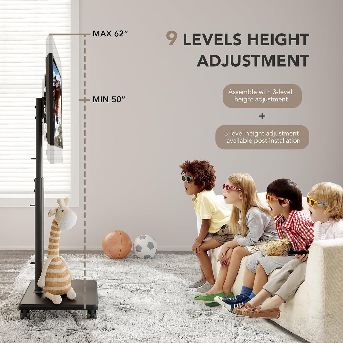 Universal Floor TV Stand, Portable Rolling Floor TV Mount with Wheels, 80 Degree Swivel Height Adjustable for 27 to 65 Inch LCD LED OLED, Holds up to 88 lbs Mobile TV Cart, Max VESA 400x400mm - Image 3