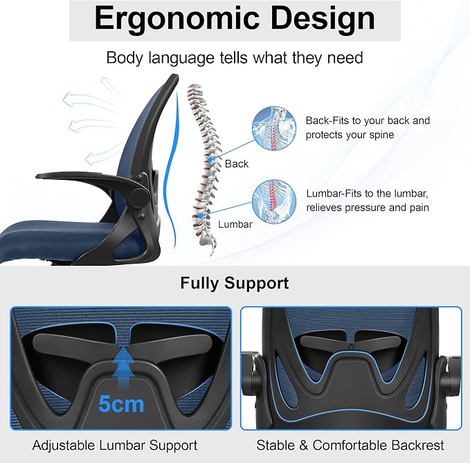 Office Chair Ergonomic Desk Chair with Flip up Armrests Swivel Breathable Desk Mesh Computer Chair with Adjustable Lumbar Support and Height for Conference Room (Navy) - Image 4