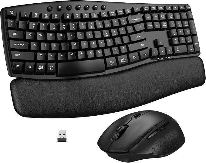 Ergonomic Wireless Keyboard Mouse Combo, EDJO Bluetooth/2.4G Dual-Mode Connection, Soft Foam Wrist Rest, Silent Typing, Waves Key Design and 3-Level DPI Adjustable Wireless Mouse for Windows, Mac OS by EDJO