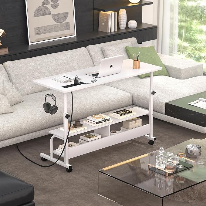 47" Rolling Standing Desk with Charging Station for Couch Bed | Height Adjust 27.5-41", 2 AC/3 USB, Mobile 4 Lockable Wheels, 2-tier Shelves Hook, Safe Corner Fast Assembly - Image 8