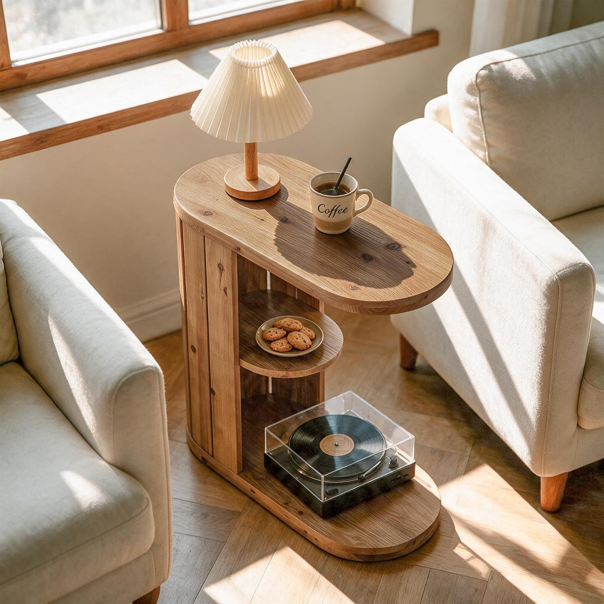Solid Wood Side Table, C-Shaped Small End Table with Storage - Image 4