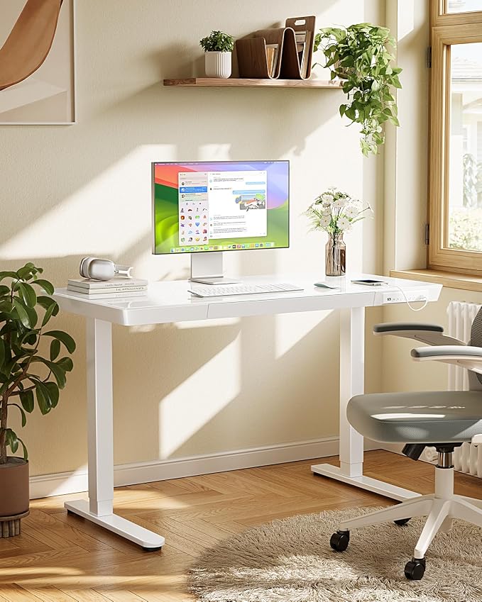 Marsail Glass Standing Desk with Drawer,55 x 28 inch Electric Standing Desk, Adjustable Height Desk with Storage & USB Charging Ports, One-Piece Standing Desk for Home & Office, White - Image 2