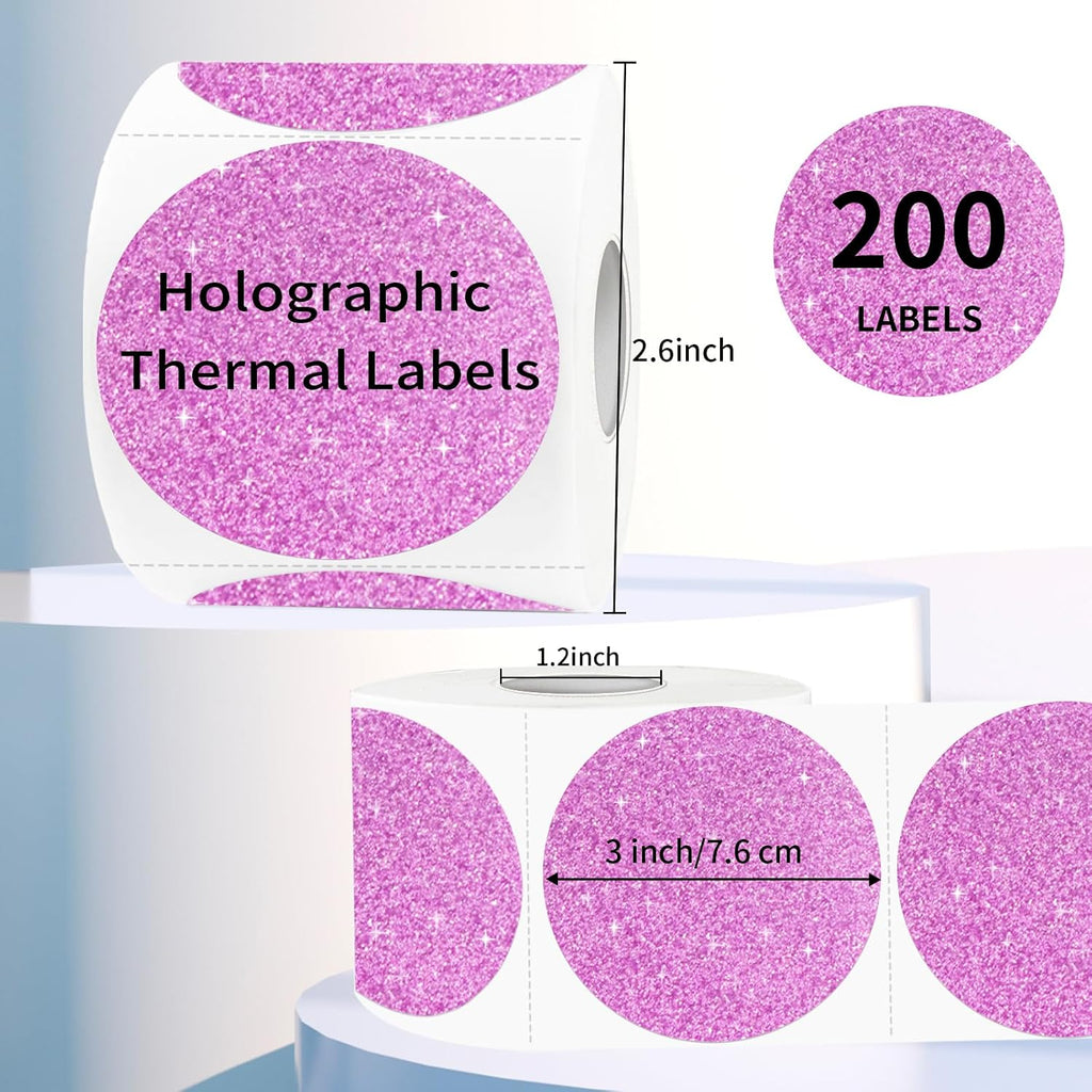 3" Holographic Thermal Label Stickers, Round Direct Thermal Label Stickers, Glitter Thermal Printer Sticker Labels for Gift Wrapping, Self-Adhesive Custom Logo Design- Glitter Pink - Image 2