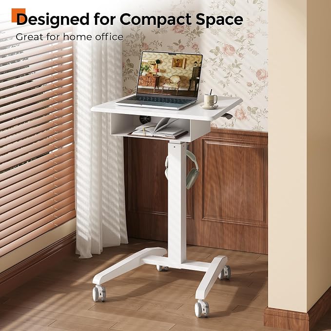 JOY worker Mobile Standing Desk with Drawer, 23.6" Small White Laptop Desk | Pneumatic Height Adjustable, Open Storage Shelf, 4 Lockable Wheels, Portable Sit Stand Desk, Home Office Teacher, Holds 22lbs - Image 5