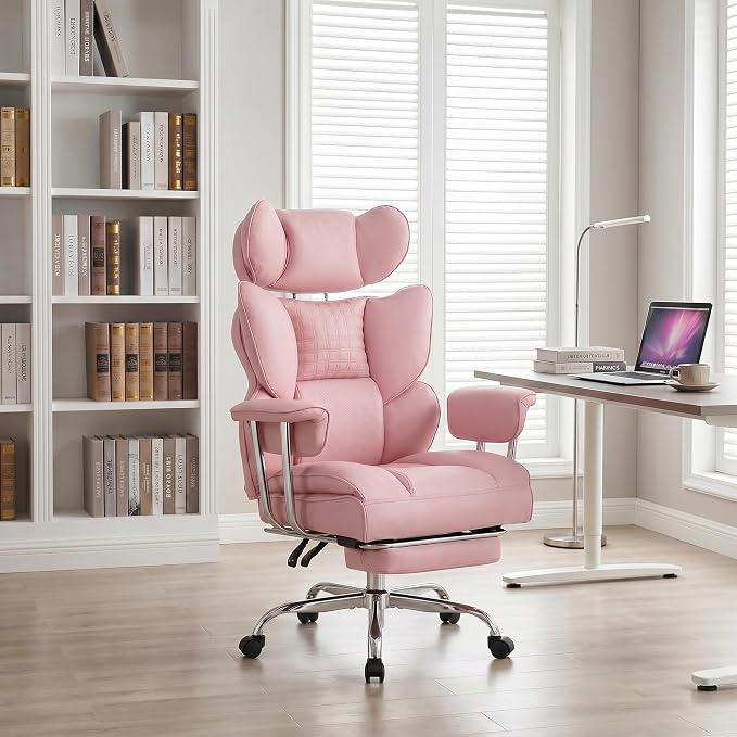 Pink Office Chair 400 LBS, for Women, Home Office | Big and Tall, PU Leather, Executive Ergonomic Desk Chair with Footrest, Lumbar Support, Wide Seat ,Reclining, Swivel Wheels - Image 2