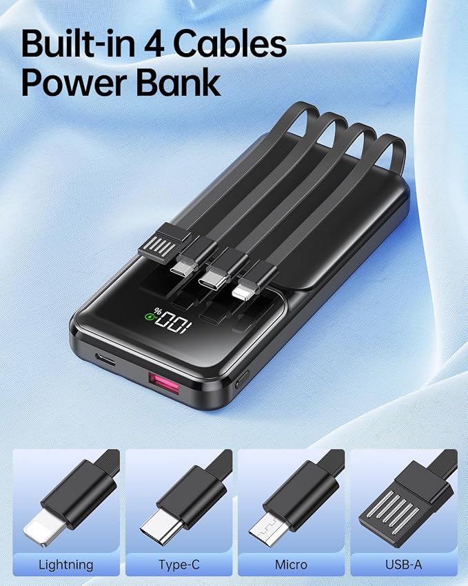 Portable Charger Power Bank with Built in Cable 20000mAh Fast Charging | 22.5W USB C Fast Charging Battery Pack for iPhone Android, Slim, LED Display,5 Outputs & 3 Inputs,Travel Essentials - Image 2