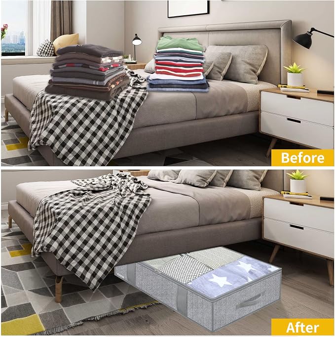 Onlyeasy Underbed Storage Bags Organizer, 4 Pack Large Capacity Under Bed Storage Containers with Reinforced Handles, Foldable Fabric Storage Bins with Clear Window, Herringbone Grey, 7MXRUBBP4 - Image 4
