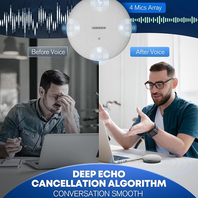 Conference Speaker and Microphone for Online Meetings and Remote Work, Gray | AI noise reduction, 360° voice pickup, 4-mic array, full-duplex, 16 ft range, Bluetooth, NFC, USB, up to 8 hours, group calls - Image 4