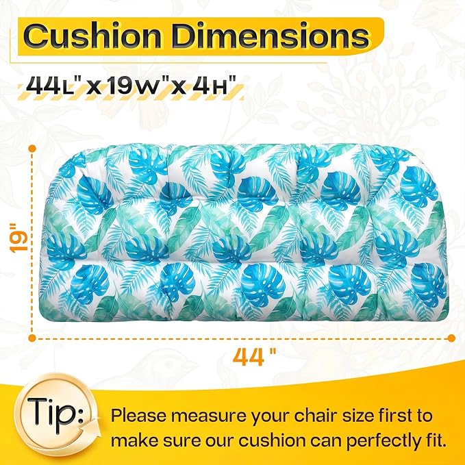 MAGIC ELEPHANT Outdoor Bench Cushion, Memory Foam Loveseat Cushion for Patio Furniture Wicker Chair, Settee Porch Swing Seat Cushion, 44 x 19 Inches (Aqua Monstera) - Image 2
