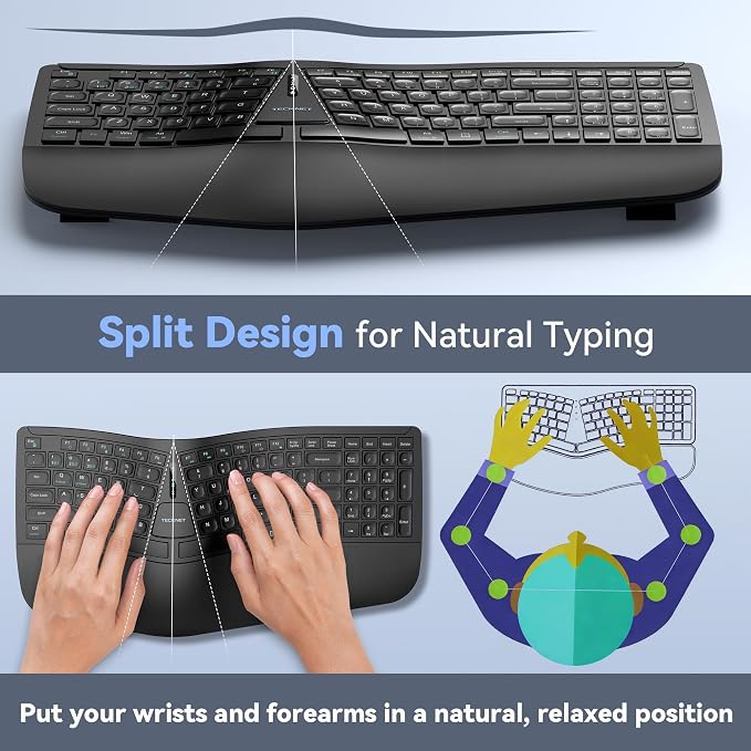 TECKNET Wireless Ergonomic Keyboard Rechargeable, 2.4G+Bluetooth Ergo Cordless USB Computer Keyboard, Wrist Rest, Natural Typing, Stain-Resistant Fabric, Compatible For Windows Computer Desktop Laptop - Image 2