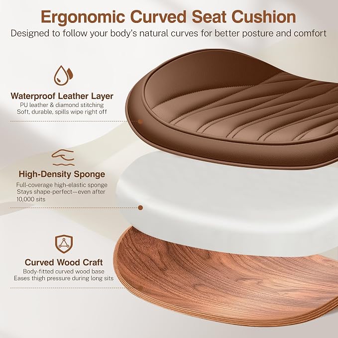 Ergonomic Armless Office Desk Chair - Mid-Century Modern Brown Faux Leather with Diamond Stitch, Adjustable Height Swivel Rolling Task Computer Chair with Walnut Accent for Home Office, Study & Work - Image 6