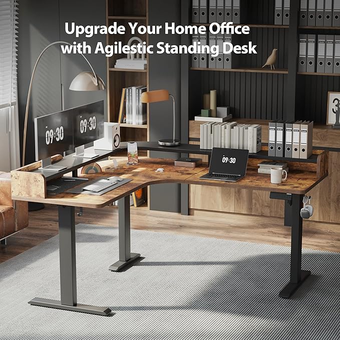 Agilestic L Shaped Standing Desk with Monitor Shelf, 63 Inch, Rustic Brown | Electric Height Adjustable, Dual Monitor Setup, Spacious Corner Desktop, Sturdy Steel Frame, Memory Presets, 264 lbs - Image 3