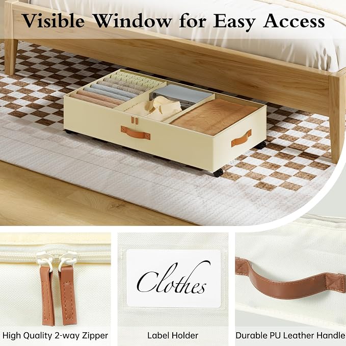 Yecaye Under Bed Storage with Wheels, 4 Pack Under Bed Storage Containers with Adjustable Dividers & Clear Window, Rolling Underbed Organizer Bins Drawers for Clothes, Shoes, Blankets, Beige - Image 6