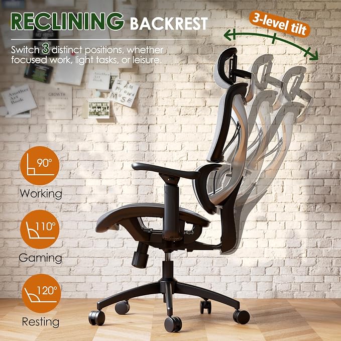 Ergonomic Office Chair, Big and Tall Mesh Chair with Lumbar Support, 3D armrest - 215° Rotation, Adjustable Headrest & Soft Seat, Durable Desk Chair 350LBS for Work Gaming Computer,Grey - Image 6
