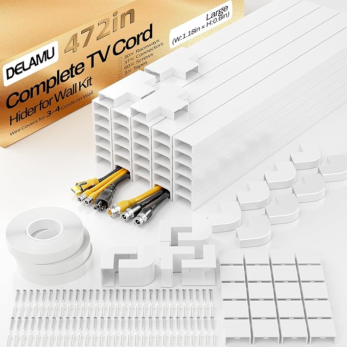 Delamu TV Cord Hider Wall, 472in Cable Hider, Large Cord Covers for 3-4 Wires on Wall, Paintable Cable Raceway to Hide Wires on Wall with 30 Raceways & 37 Accessories, 1.18in W x 0.67in H, White by DELAMU
