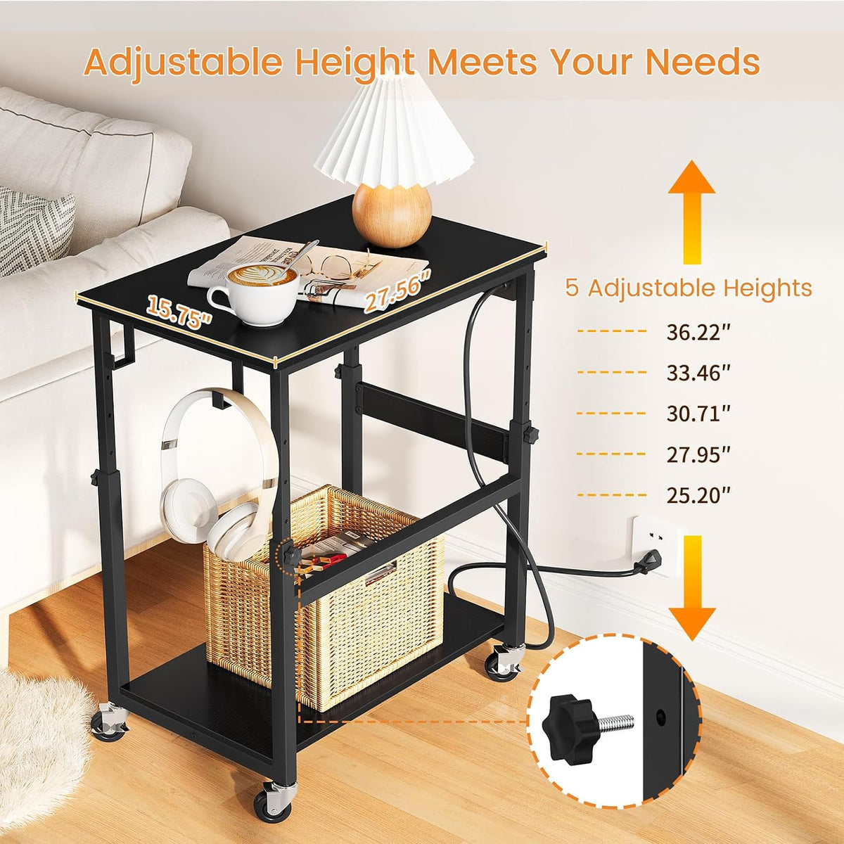 Snughome Oversized Computer Tower Stand with Extended Top & Charging Station, 25.2''-36.2'' Height-Adjustable PC Tower Stand, Rolling CPU Cart with Lockable Wheels for Office Home Gaming - Image 4