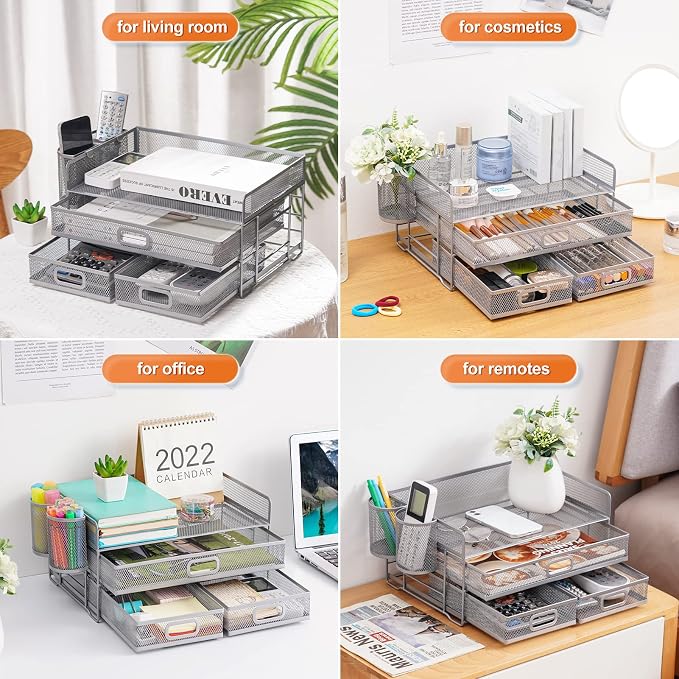 Marbrasse 3 Tier Mesh Desk Organizer with Drawer, Multi-Functional Desk Organizers and Accessories, Paper Letter Organizer with 2 Pen Holder for Home Office Supplies (Silver) - Image 6
