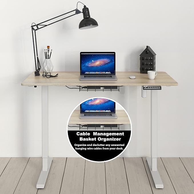 SHW 48-Inch Electric Height Adjustable Sit to Stand Desk, Maple | with Hanging Hooks and Cable Management, White Frame and Maple Top - Image 7