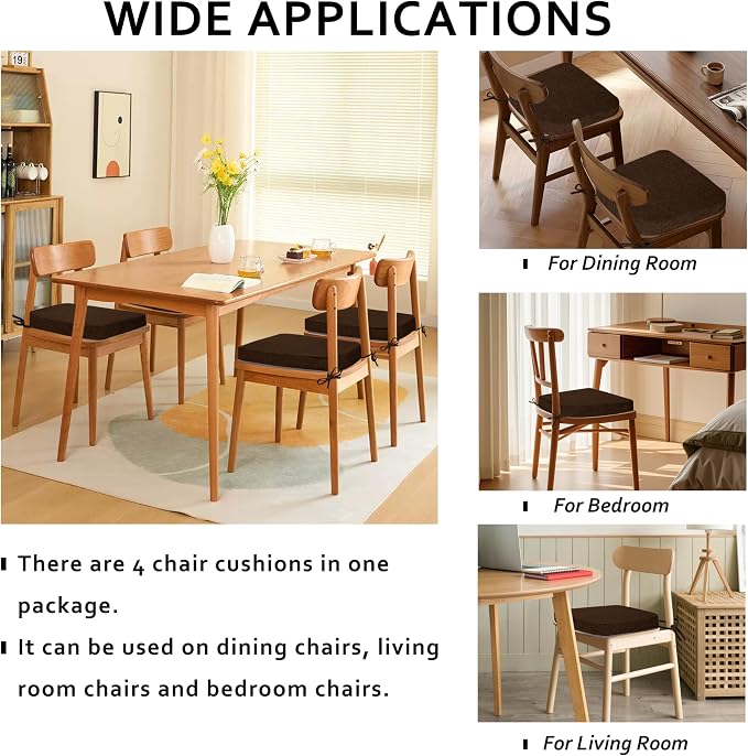 ELFJOY Non-Slip Chair Cushions for Dining Chairs Coffee 16.7"x16" | 4 Pack, with Ties and Washable Cover, U Shape, Breathable Fabric, for Kitchen Dining Office Folding Chairs，Comfortable - Image 6