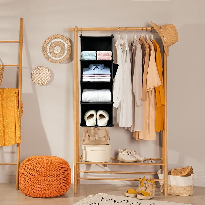 Hanging Closet Organizer and Shelves,4 Shelves with 1 Side Pockets (Beige) | Foldable, Grey Fabric, Modern Style, for Bedroom and Dorm Room - Image 2