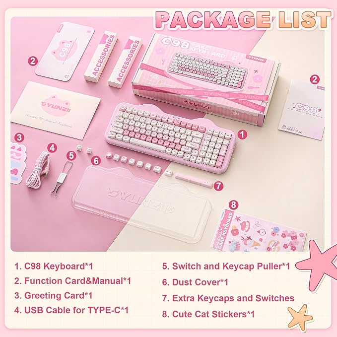 YUNZII C98 Cute Cake Wireless Mechanical Keyboard(Pink, Candy Switch) | 99 Keys with Number Pad, Hot Swap, PBT MOA Keycaps, BT5.0/2.4G/USB-C, Gasket Mount, Custom RGB Backlit for Win/Mac - Image 9