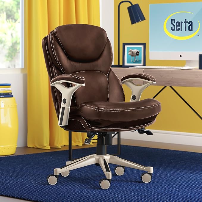 Serta Ergonomic Home Office Chair Pivot Lumbar Support, Leather Desk Chair | Claremont, Adjustable Arms, Height & Tilt, Foam Seat & Headrest Cushion, Home Gaming Chair lower Back Pain, Chestnut Brown - Image 2