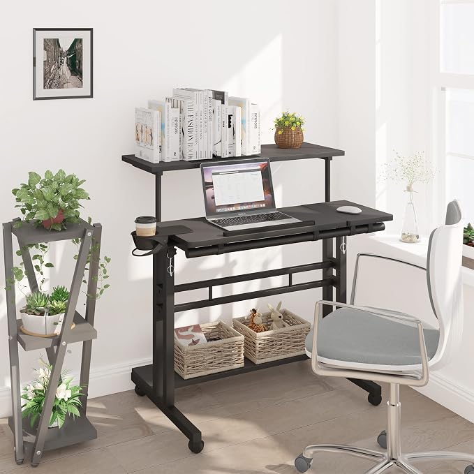 Mobile Standing Desk, Adjustable Rolling Computer Desk with 3 Desktops, Portable Laptop Table with Cup Holder, Home Office Laptop Workstation on Lockable Wheels, Black | Triple desktops, cup holder, lockable wheels, portable workstation, for home office - Image 2