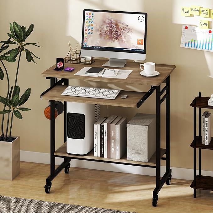 Tangkula Rolling Computer Desk Cart with Keyboard Tray, Mobile Portable Laptop PC Desk with CPU Stand & 3 Hooks for Sofa & Bed, Compact Small Desk on Wheels for Small Spaces (Grey) - Image 2