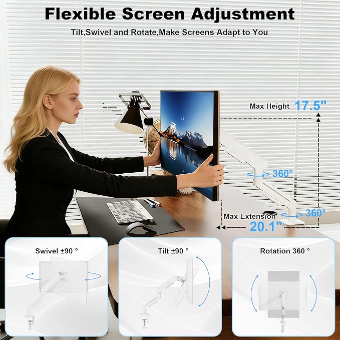 THEARK Single Monitor Desk Mount 17"-32" Screens - Adjustable Mechanical Monitor Arm Computer Monitor Stand up to 19.8 lbs,VESA Arm Desk Mount with C-Clamp and Grommet Base,VESA 75x75/100x100mm,White - Image 4