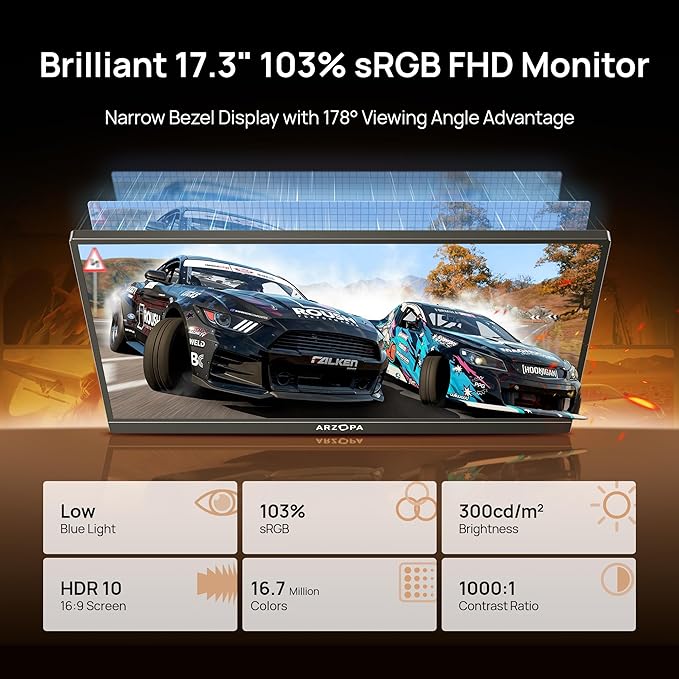 ARZOPA 17.3" Portable Monitor, 1080P FHD 103% sRGB IPS Gaming Monitor Laptop Monitor with Built-in Kickstand HDMI USB C External Screen for PC Mac Phone Xbox PS5 - A1M - Image 4